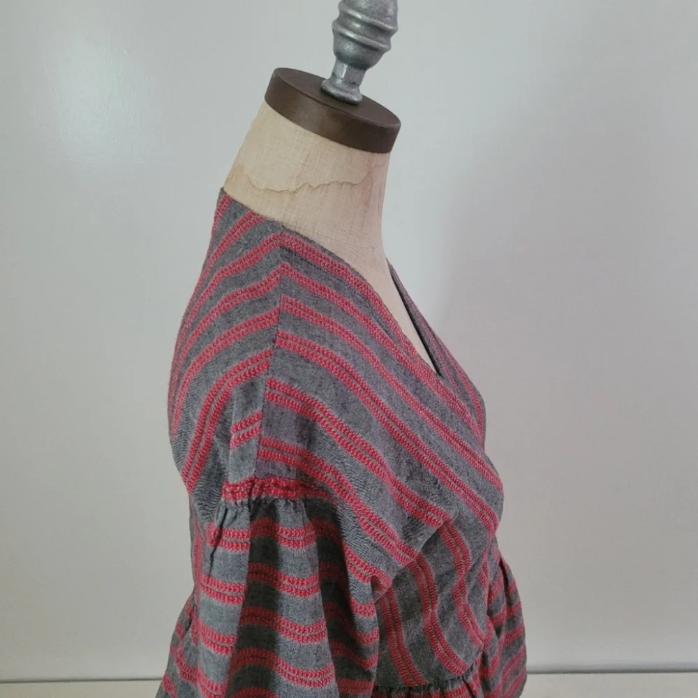 Madewell Balloon Puff Sleeve Peplum Blouse Gray Red Stripe XS